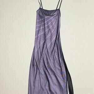 Vintage 90s purple mesh rhinestone maxi dress side slit strappy Y2K whimsigoth